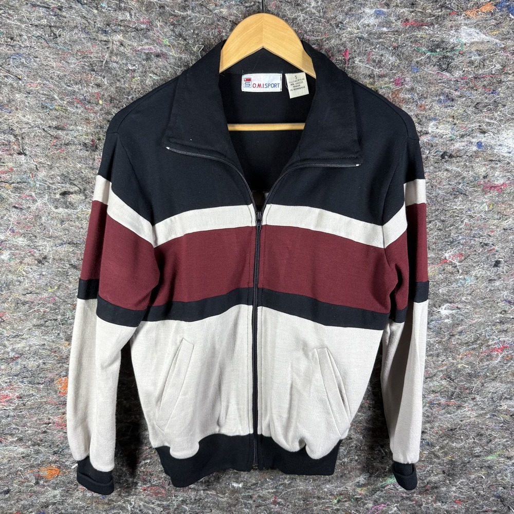 Vintage‎ SOMI Sport Jacket Mens Small Black Burgundy Beige Full Zip Striped 90s